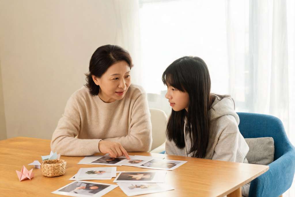 AI 生成示意：家长与青少年讨论兴趣探索材料