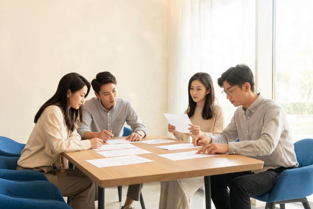 AI 生成示意：教研团队在明亮会议空间讨论课程安排