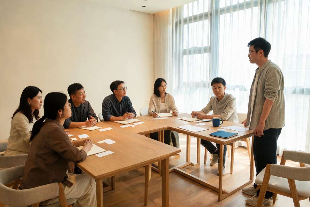 AI 生成示意：成人教师参与小组研讨活动
