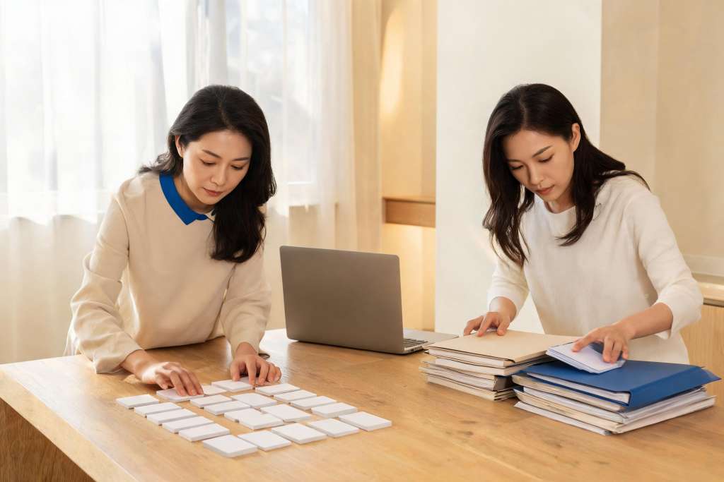 AI 生成示意：两名工作人员协调课程资料与工作步骤