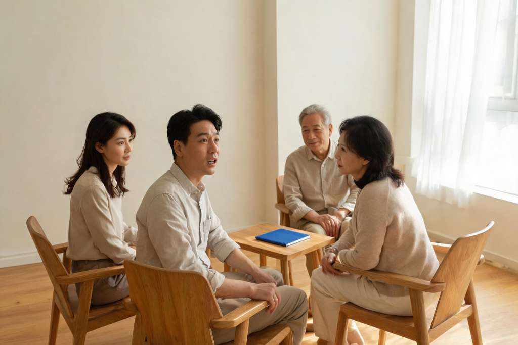 AI 生成示意：成年人围坐交流教育服务理念