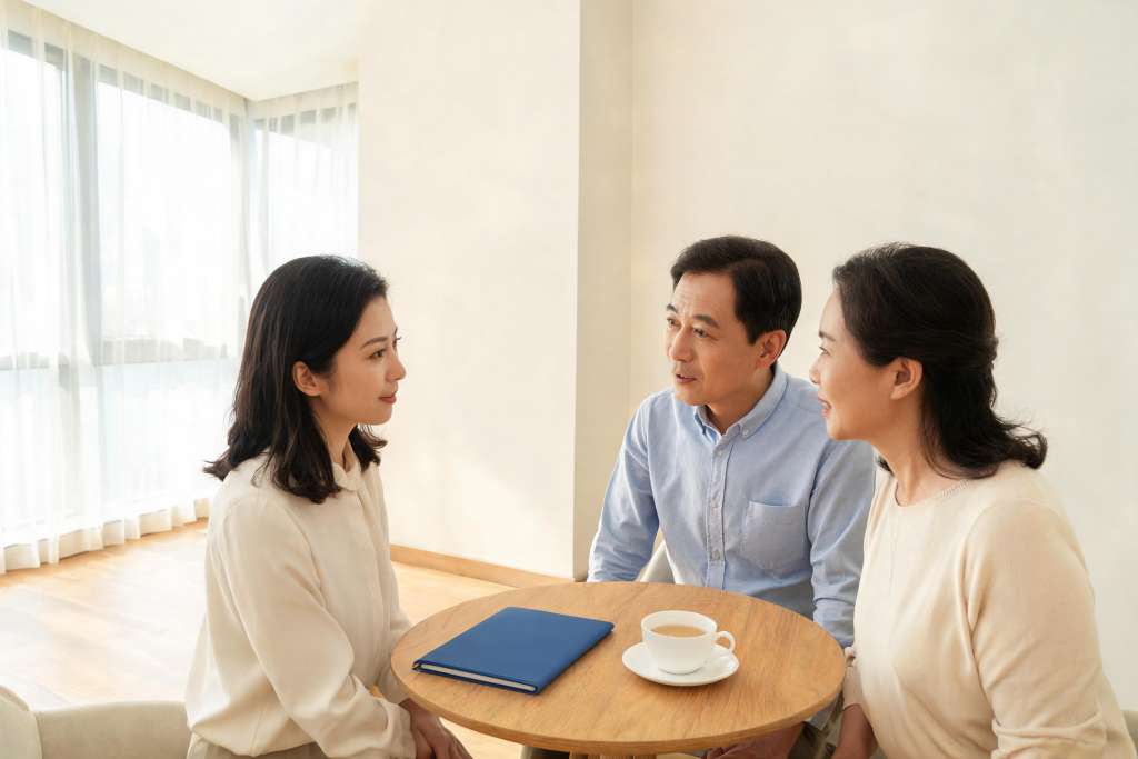 AI 生成示意：家长与教育咨询人员围坐明亮桌边交流成长需求
