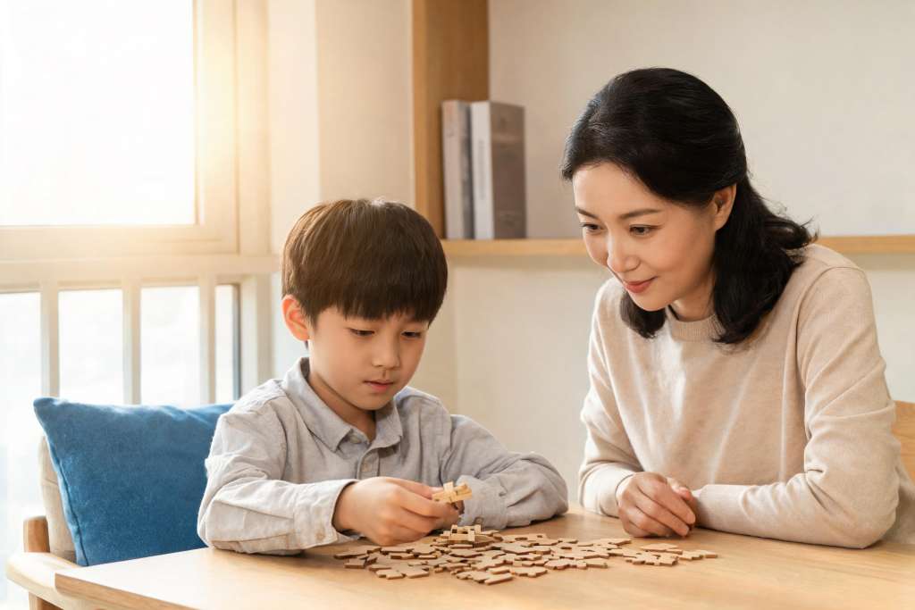 AI 生成示意：家长陪伴孩子共同完成桌面学习活动