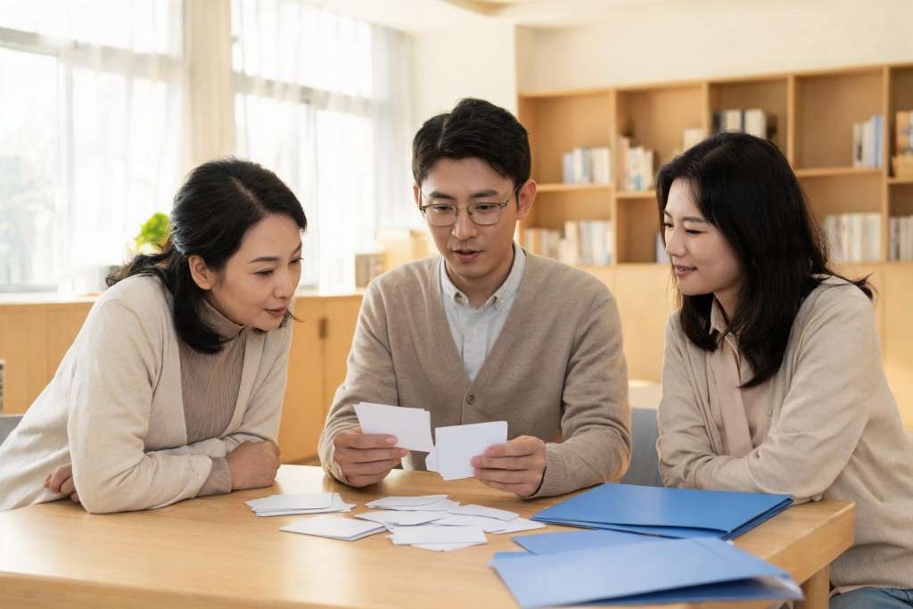 AI 生成示意：学校教研人员围绕课程资料开展小组讨论