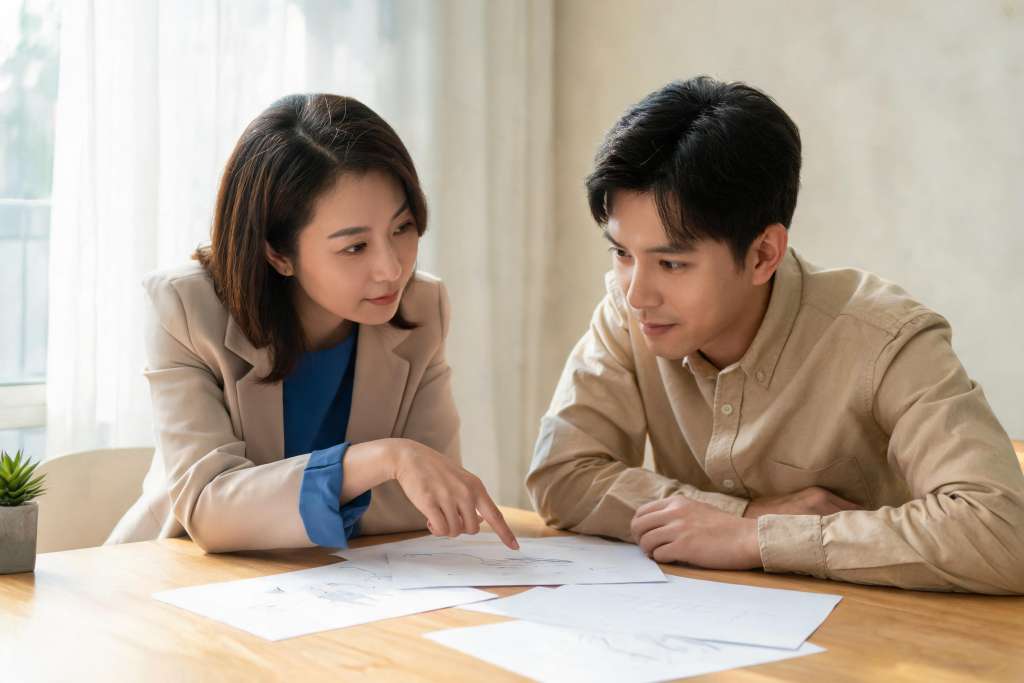 AI 生成示意：两名咨询人员一起复核整理后的纸质材料
